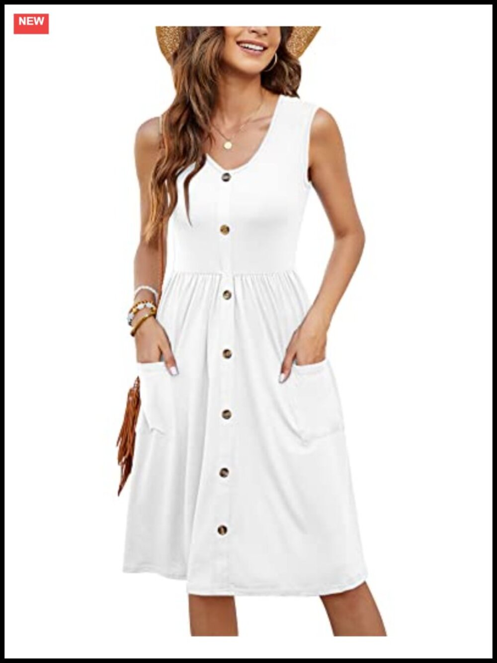 Women's Sleeveless Summer Midi Dress A-Line V-Neck with Pockets